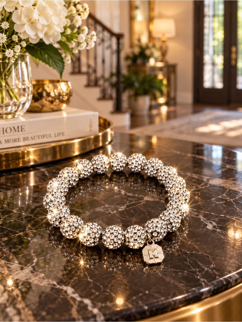 Monet Silver Crystal Pave Bead Bracelet
